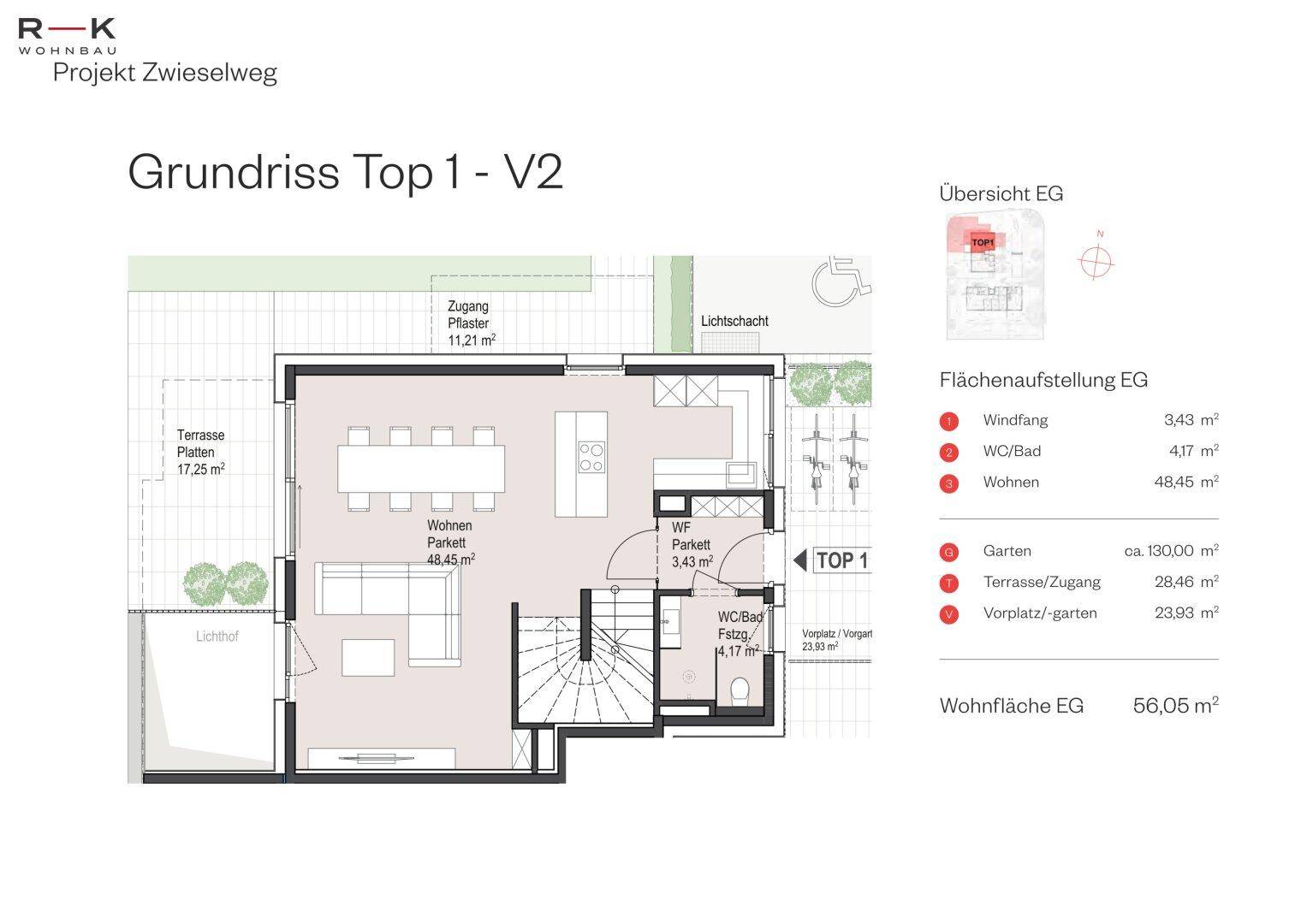 Grundriss des Erdgeschosses mit offenem Wohnbereich, Terrasse und Garten.