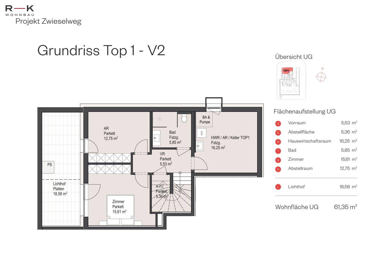 Grundriss des Untergeschosses mit zwei Zimmern, Bad und praktischen Abstellflächen.