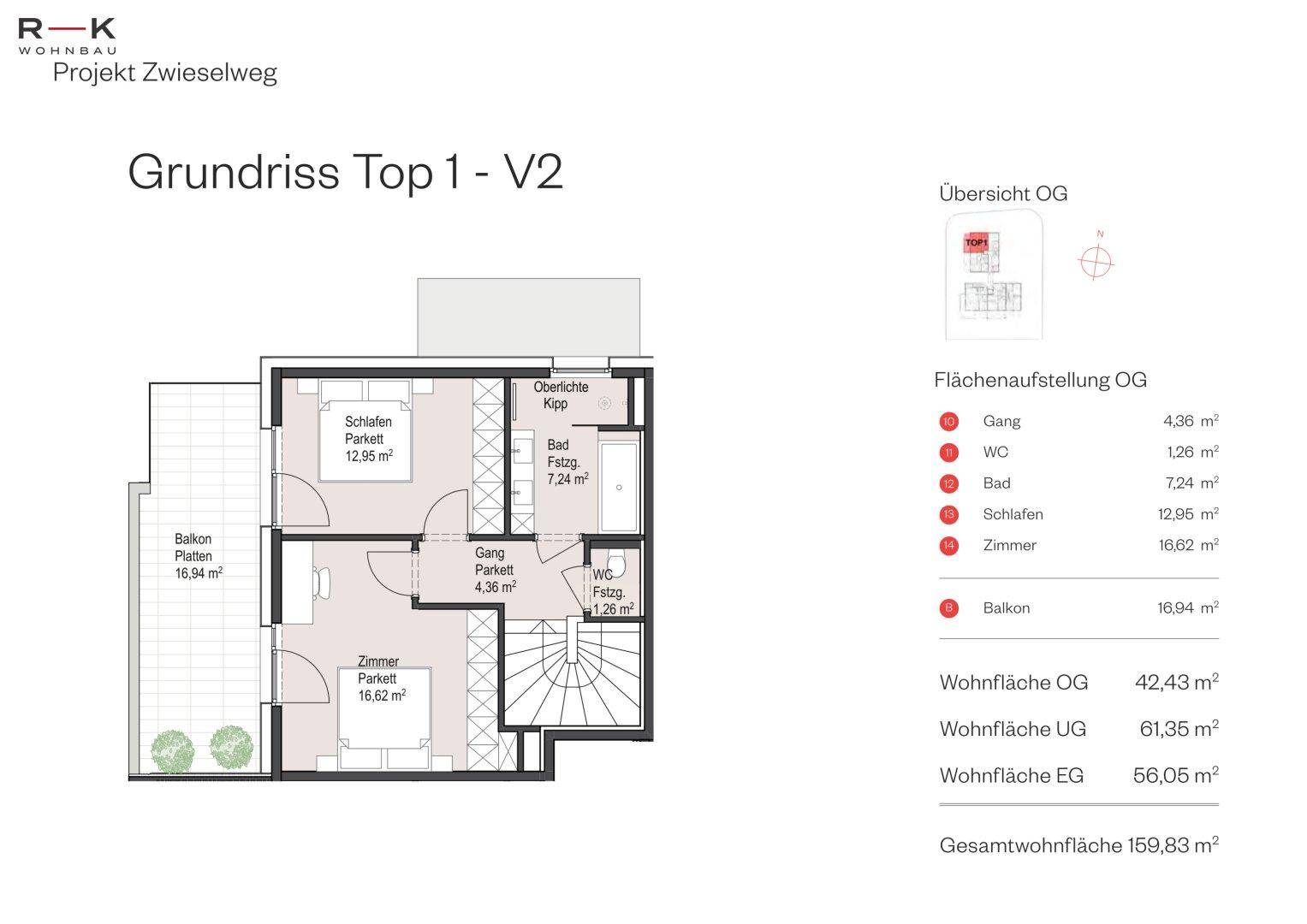 Grundriss des Obergeschosses mit zwei Schlafzimmern, Bad und Balkonzugang.