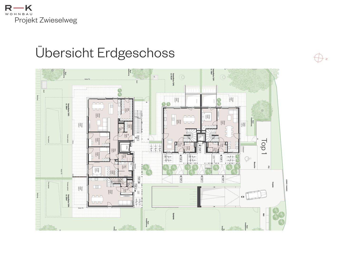 Übersichtsplan des Erdgeschosses mit mehreren Wohneinheiten und Außenbereichen.