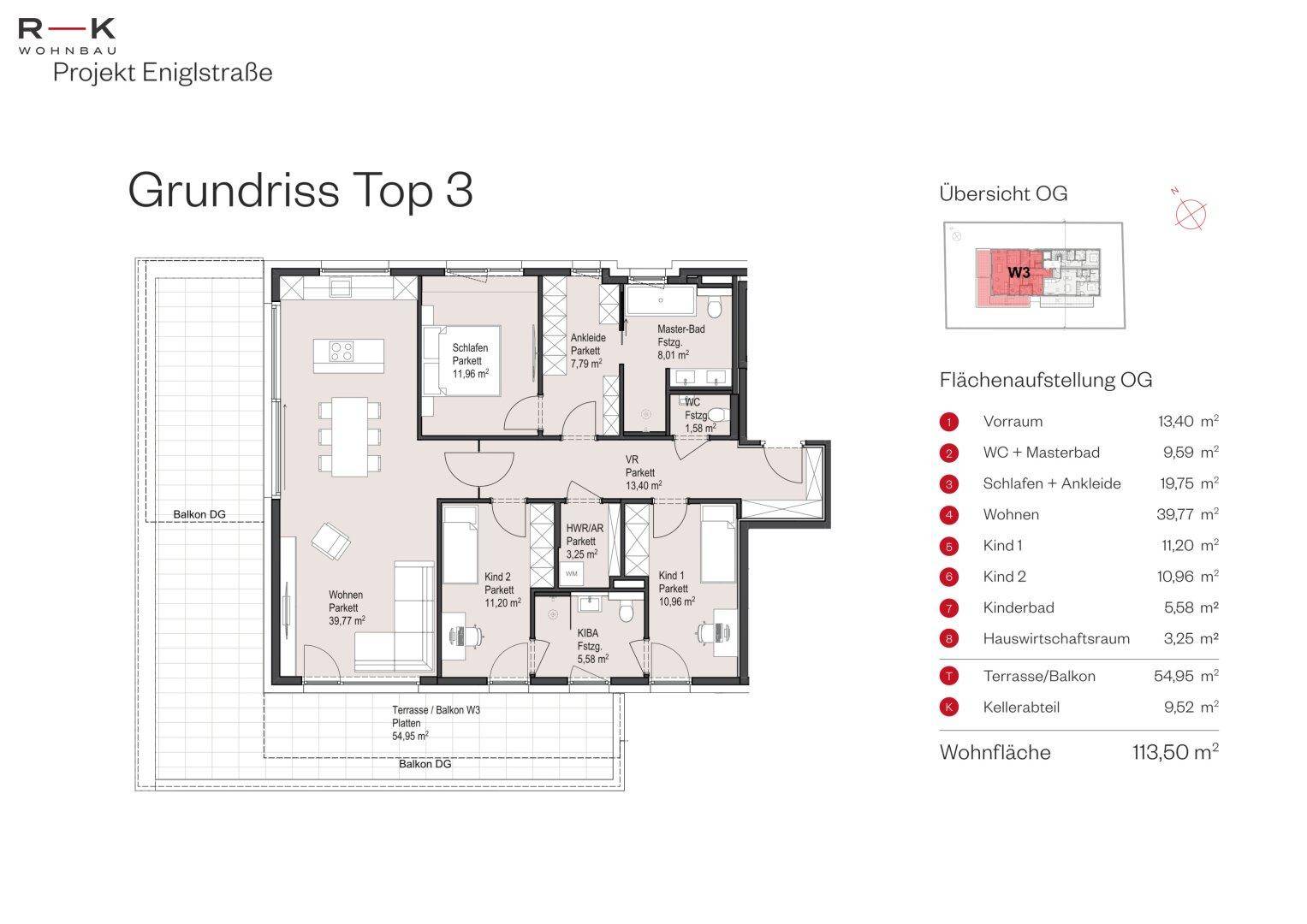 Detaillierter Grundriss der Wohnung Top 3 mit 113,50 m² Wohnfläche und Balkon.