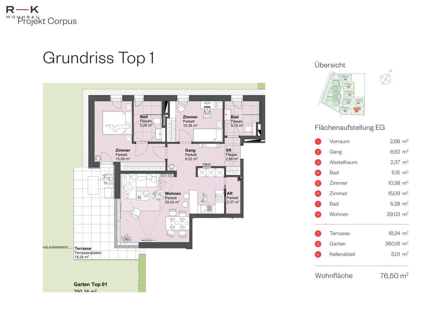 Grundriss der Einheit Top 1 im Erdgeschoss mit offenem Wohnbereich, zwei Bädern, Terrasse und großem Garten.