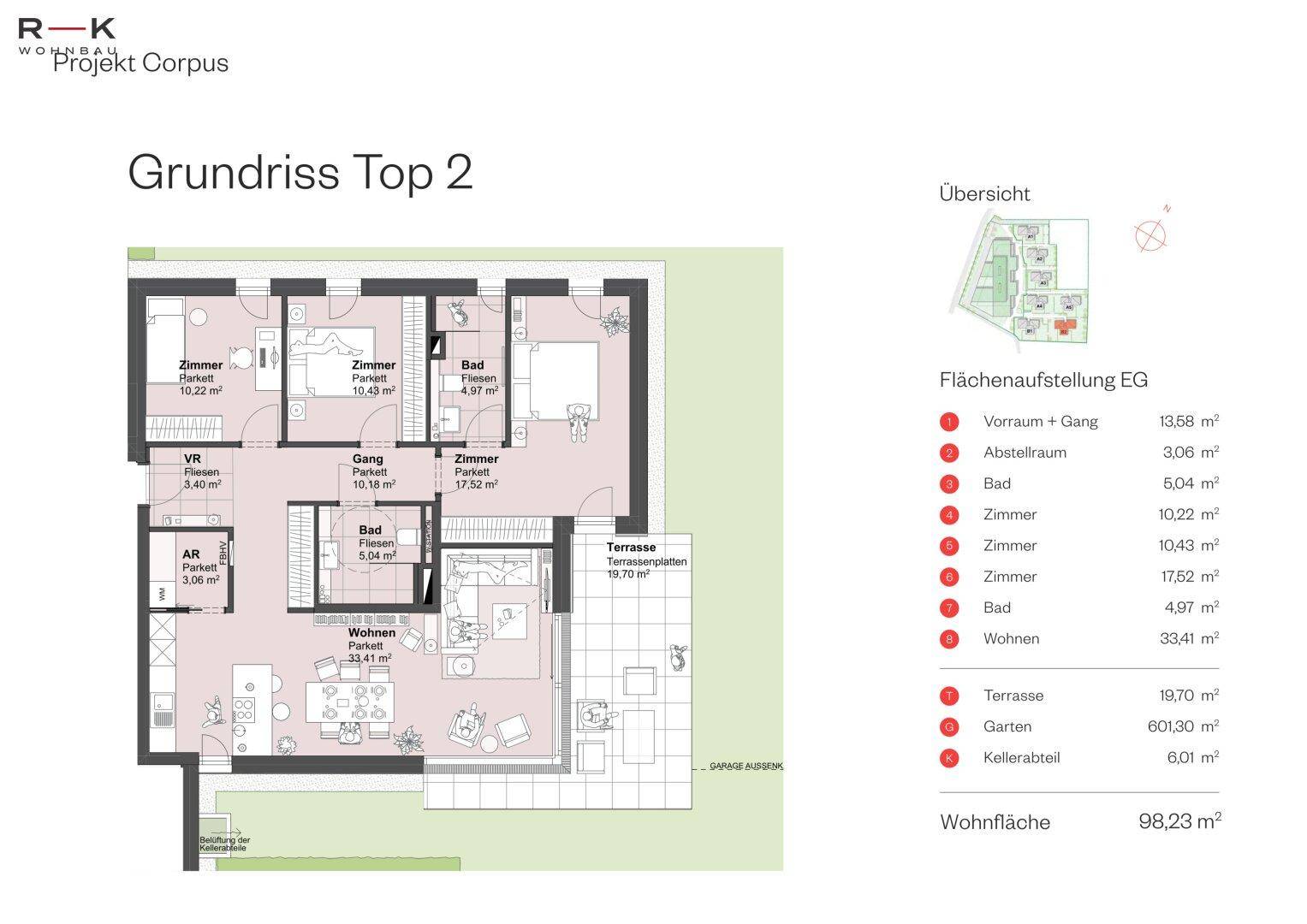 Detaillierter Grundriss einer Erdgeschosswohnung mit mehreren Zimmern, zwei Bädern und einer großen Terrasse.