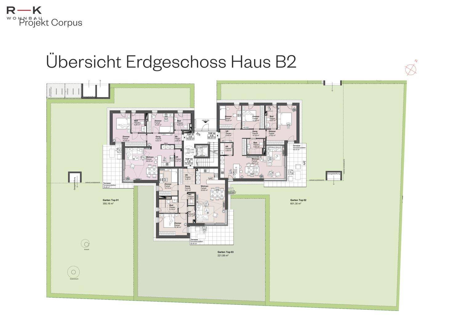 Übersichtsplan des Erdgeschosses mit mehreren Wohneinheiten, jeweils mit Garten und Terrasse.