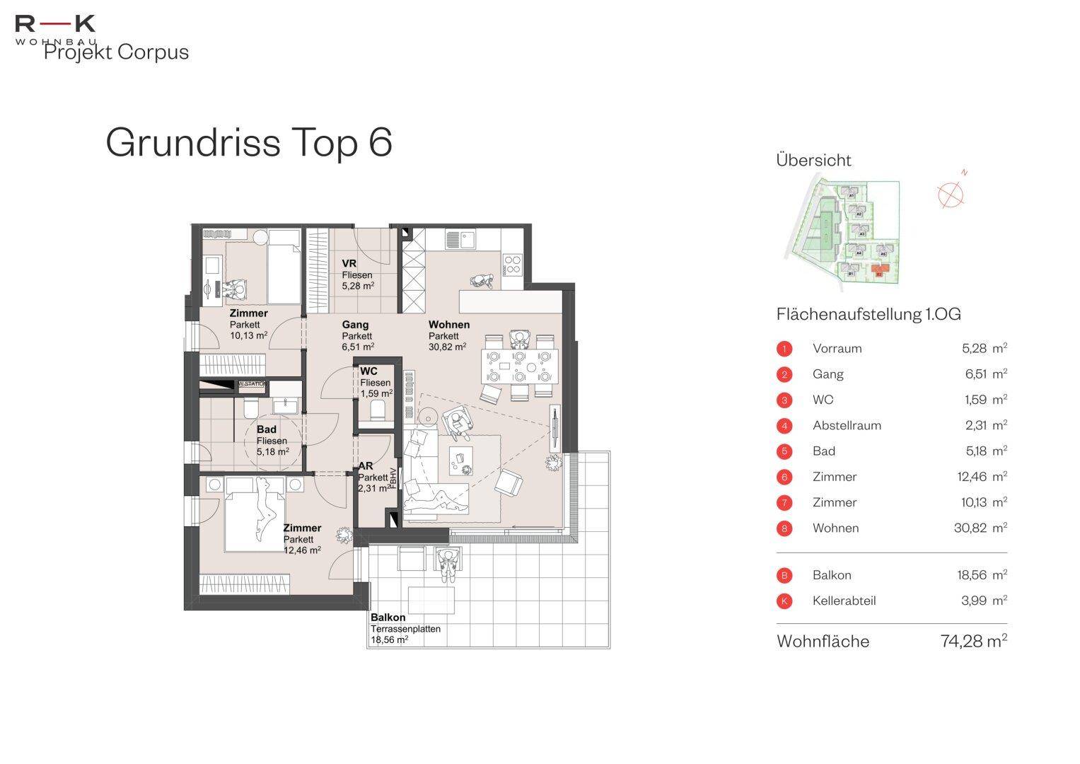 Dieser Grundriss zeigt eine Wohnung mit zwei Schlafzimmern, einem Badezimmer, separatem WC, einem offenen Wohnbereich und einem großen Balkon.