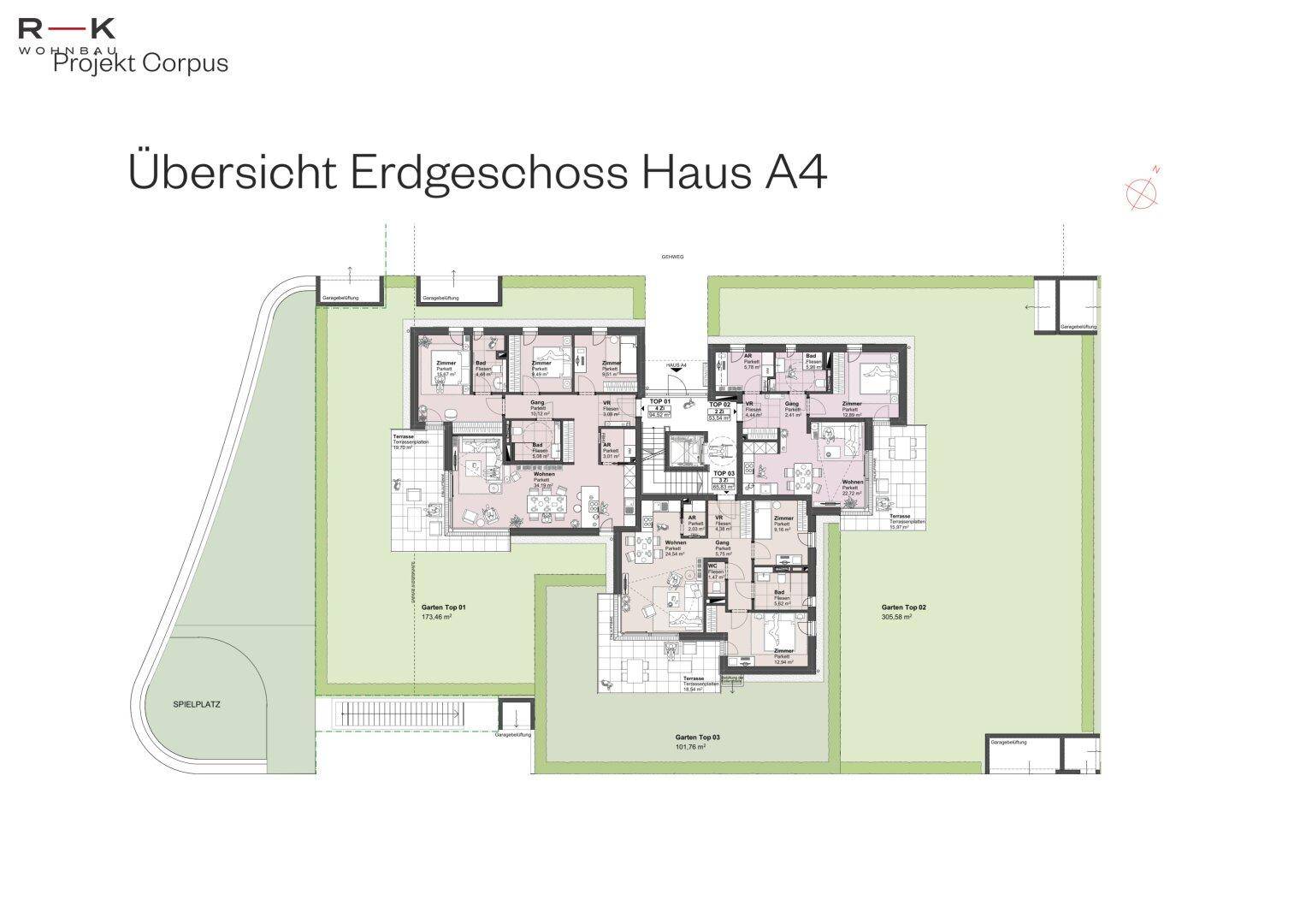 Übersichtsplan des Erdgeschosses von Haus A4 mit mehreren Wohneinheiten, Gärten, Terrassen und einem Spielplatz.
