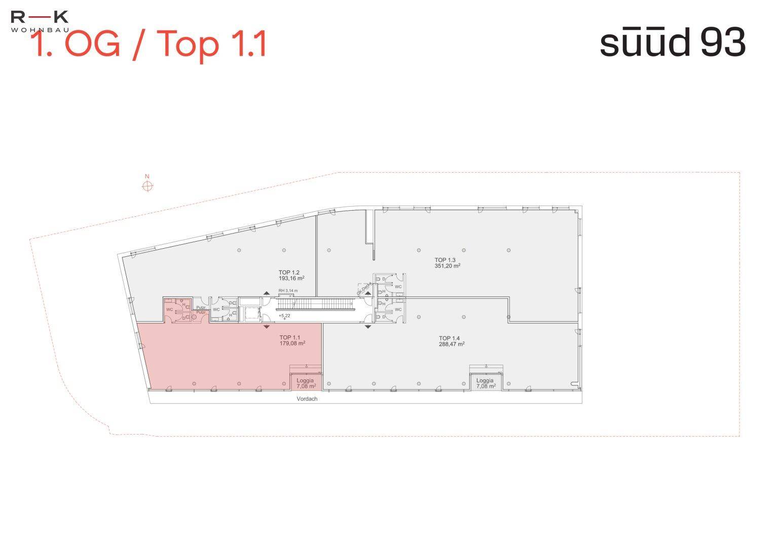 Grundriss des ersten Obergeschosses mit mehreren Einheiten, inklusive einer Loggia für Top 1.1 und Treppenhauszugang.