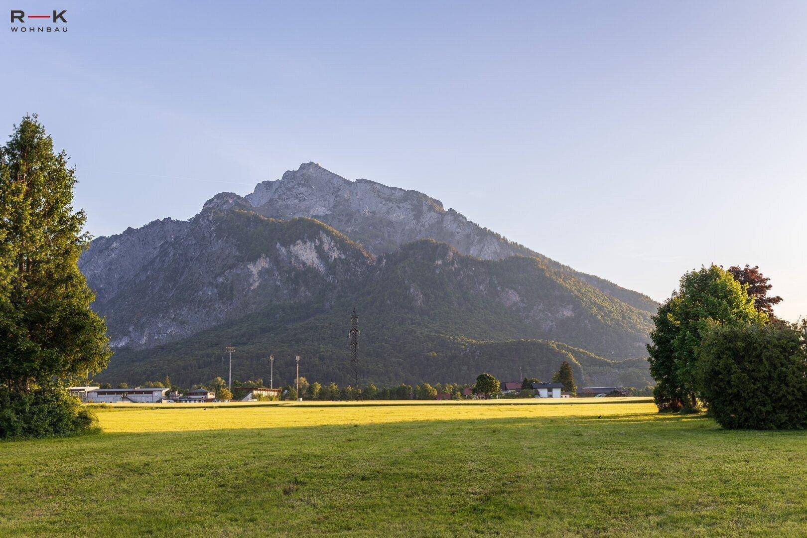 Weitläufige grüne Landschaft mit majestätischem Bergpanorama im Hintergrund unter klarem Himmel.
