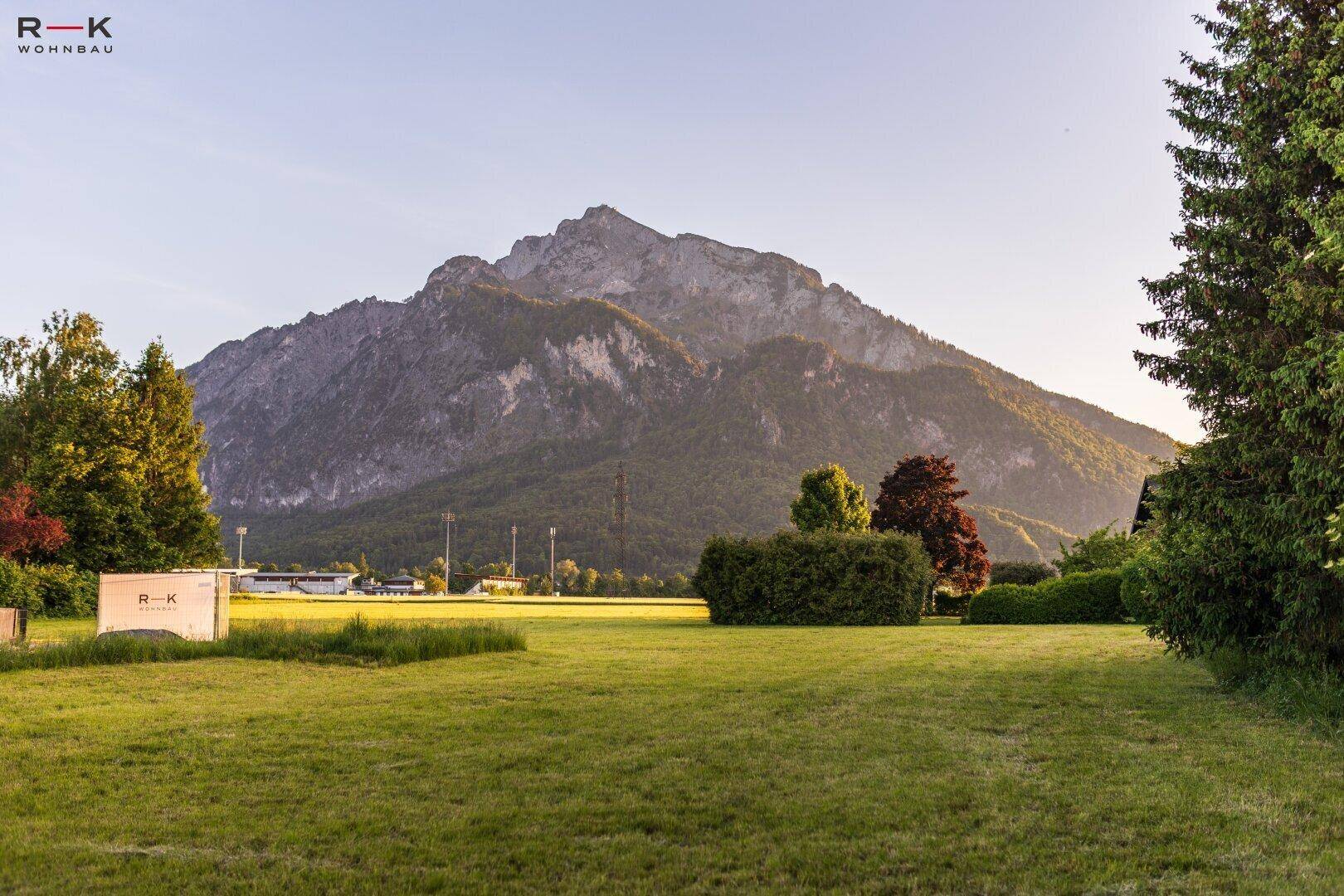 Idyllische Landschaft mit grünen Wiesen und einem imposanten Bergmassiv am Horizont.