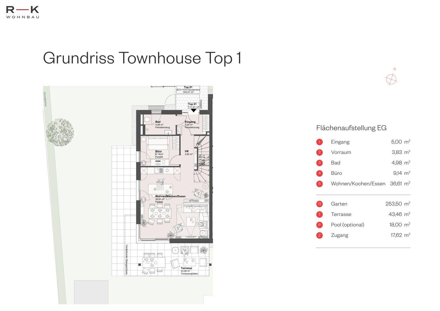 Grundriss des Erdgeschosses eines Townhouses mit offenem Wohnbereich, Terrasse und Garten.