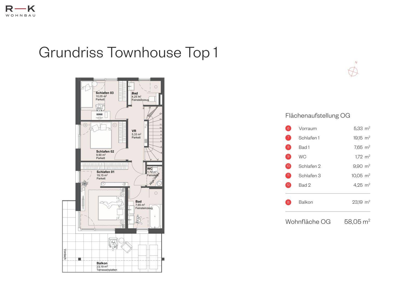 Grundriss des Obergeschosses eines Townhouses mit drei Schlafzimmern, zwei Bädern und Balkon.
