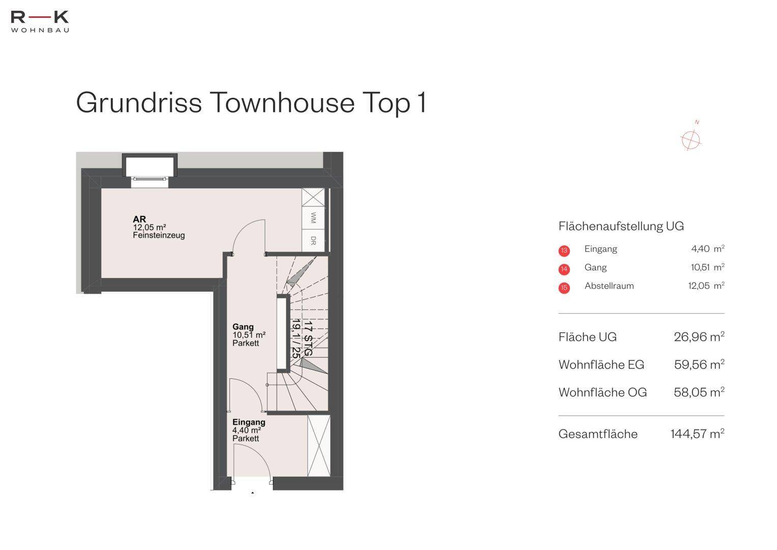 Grundriss des Untergeschosses eines Townhouses mit Abstellraum und Treppenzugang.
