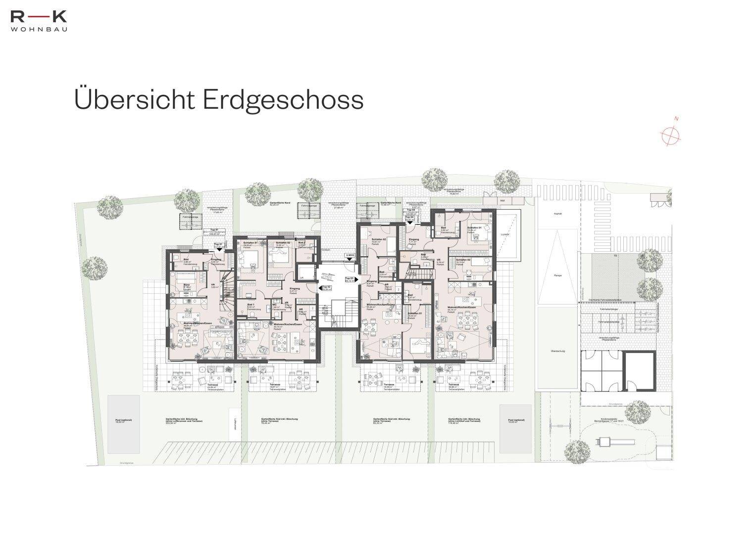 Übersichtsgrundriss der Erdgeschosse mehrerer Townhouses mit Gärten und optionalen Pools.
