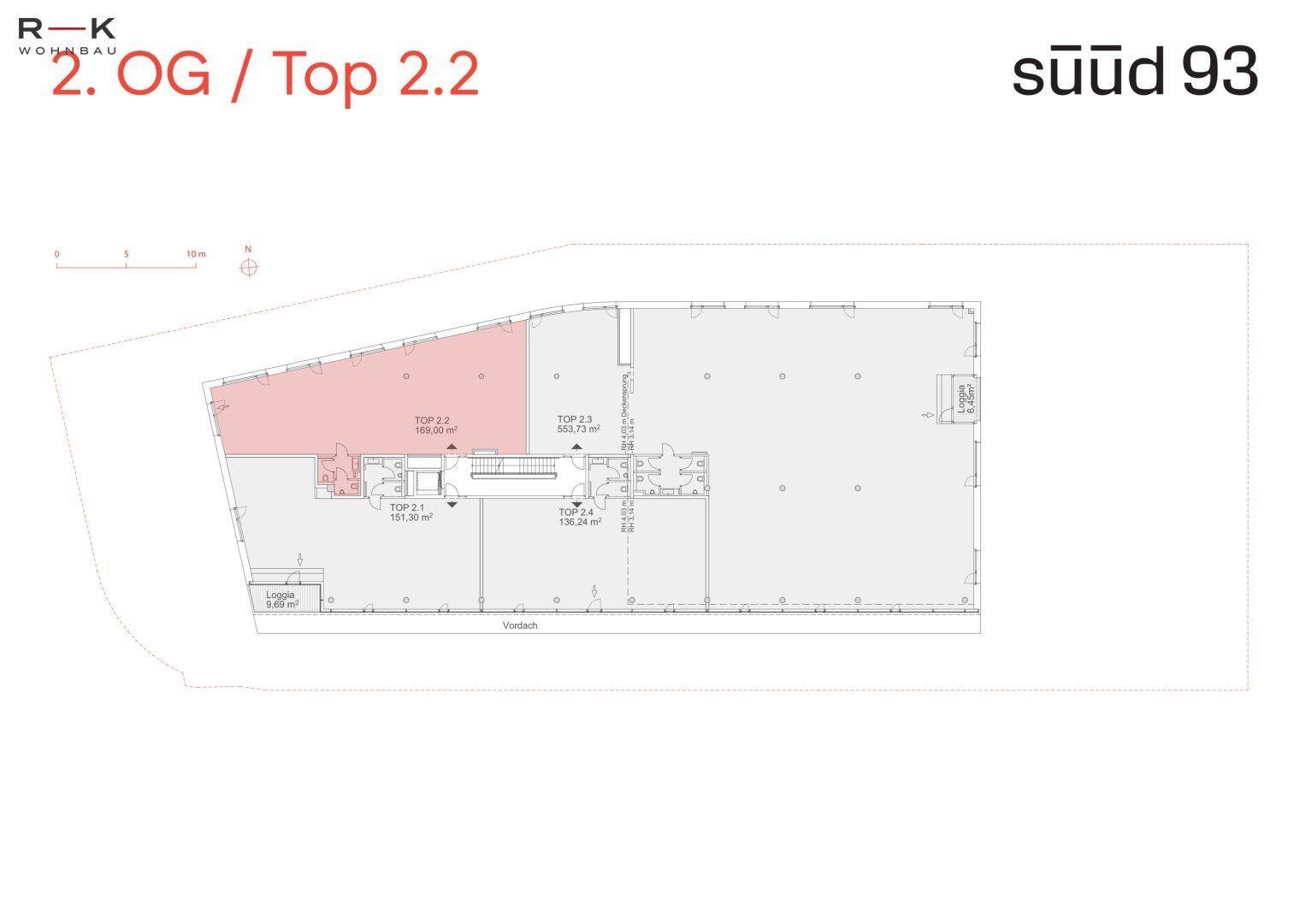 Grundriss des zweiten Obergeschosses mit hervorgehobener Einheit TOP 2.2 und einer Loggia.