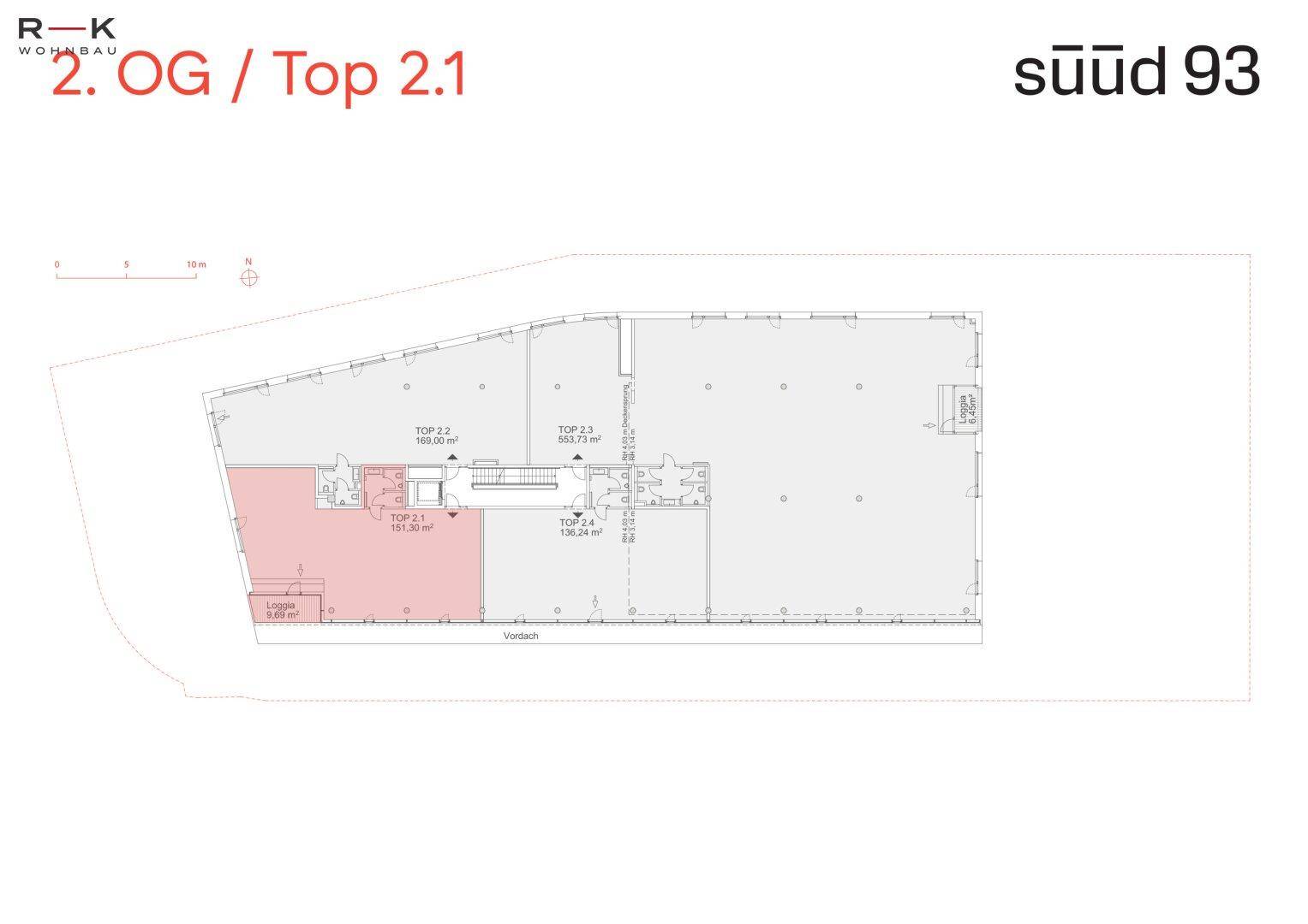 Grundriss des zweiten Obergeschosses mit der hervorgehobenen Einheit Top 2.1, die eine Loggia umfasst.