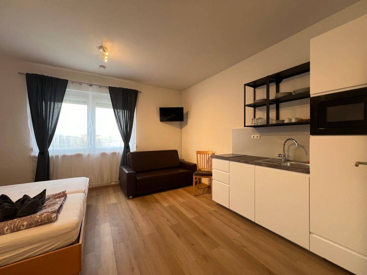 Helles Studio-Apartment mit integrierter Küchenzeile, Schlafbereich und Sofa.