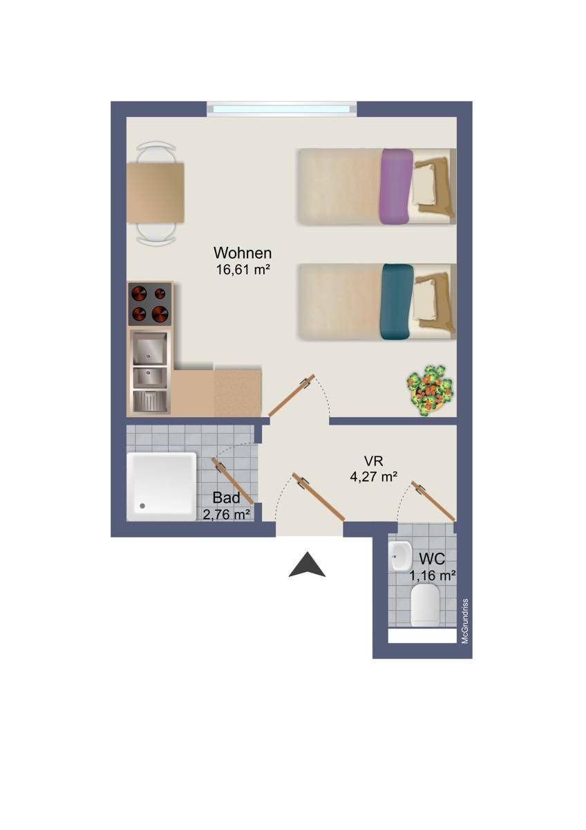 Grundrissplan eines Apartments mit Wohn-, Schlaf-, Bad- und WC-Bereich.