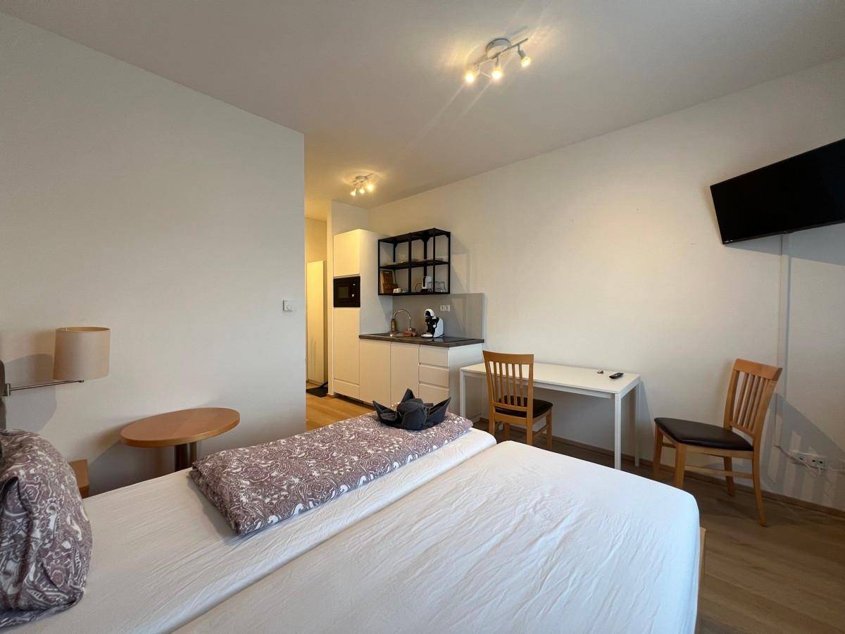 Heller Wohnraum mit Doppelbett, kleiner Küchenzeile und Arbeitsbereich in einem Studio-Apartment.