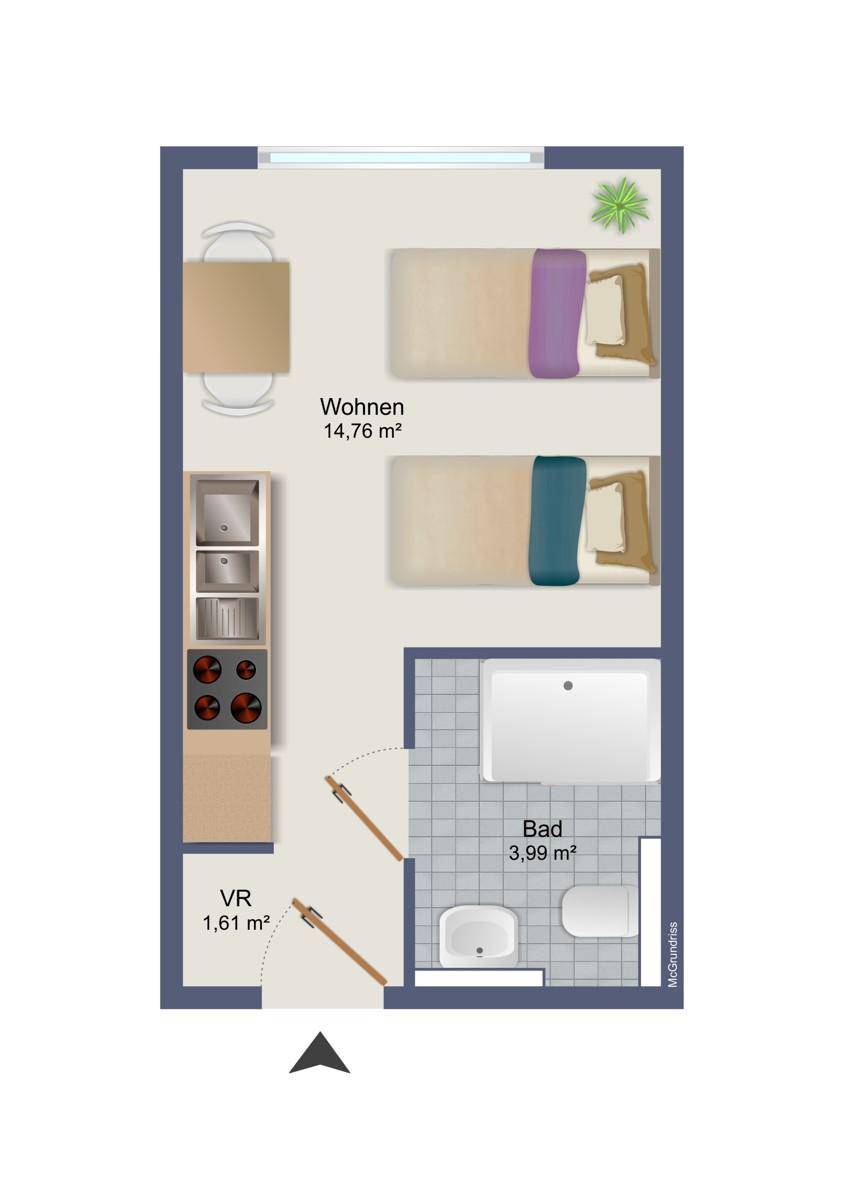 Grundriss der Wohnung mit offenem Wohnbereich, Bad und Eingangsbereich.
