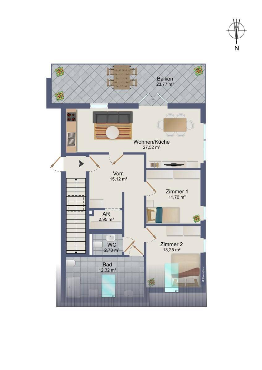 Grundrissplan einer Wohnung mit offenem Wohn-/Küchenbereich, zwei Zimmern und Balkon.