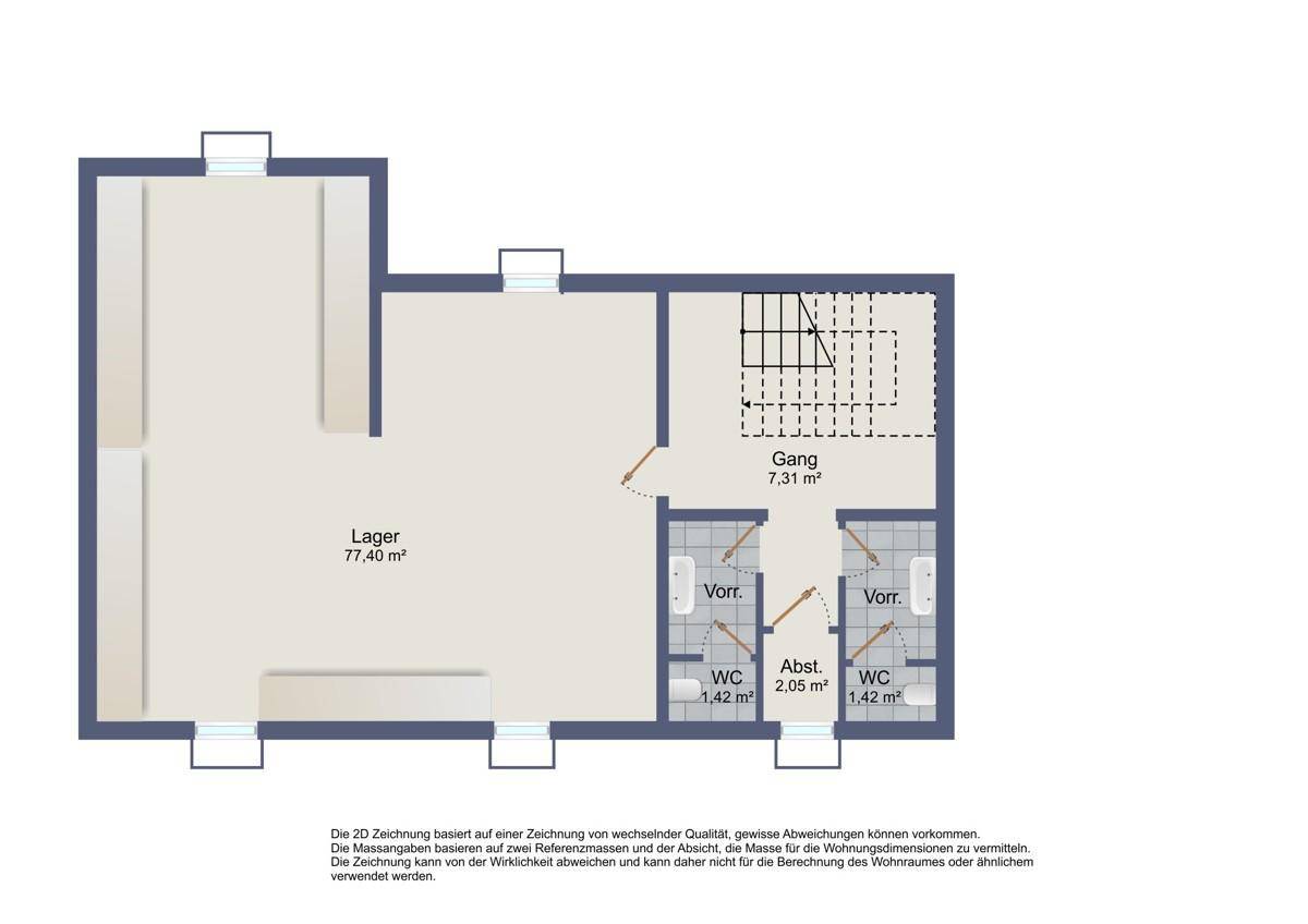 Grundriss des Lagerbereichs mit 77,49 m² und zwei Toiletten.