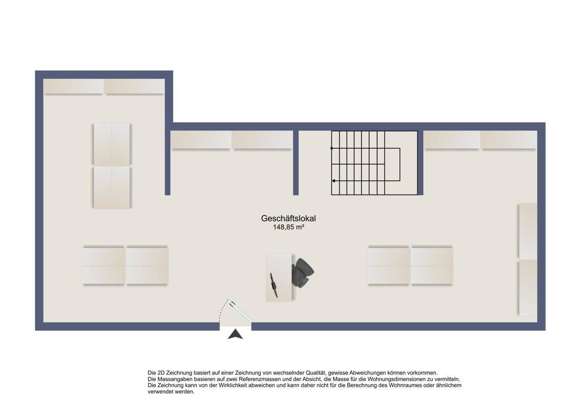 Grundriss des Geschäftslokals mit einer Fläche von 148,85 m² und Treppenhaus.