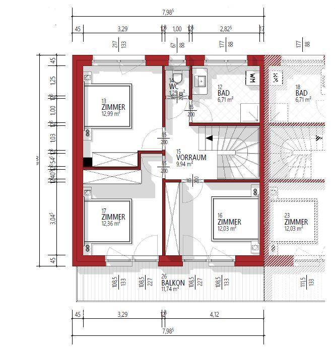 Grundriss des Obergeschosses mit mehreren Zimmern, Bad, separatem WC und einem Balkon.