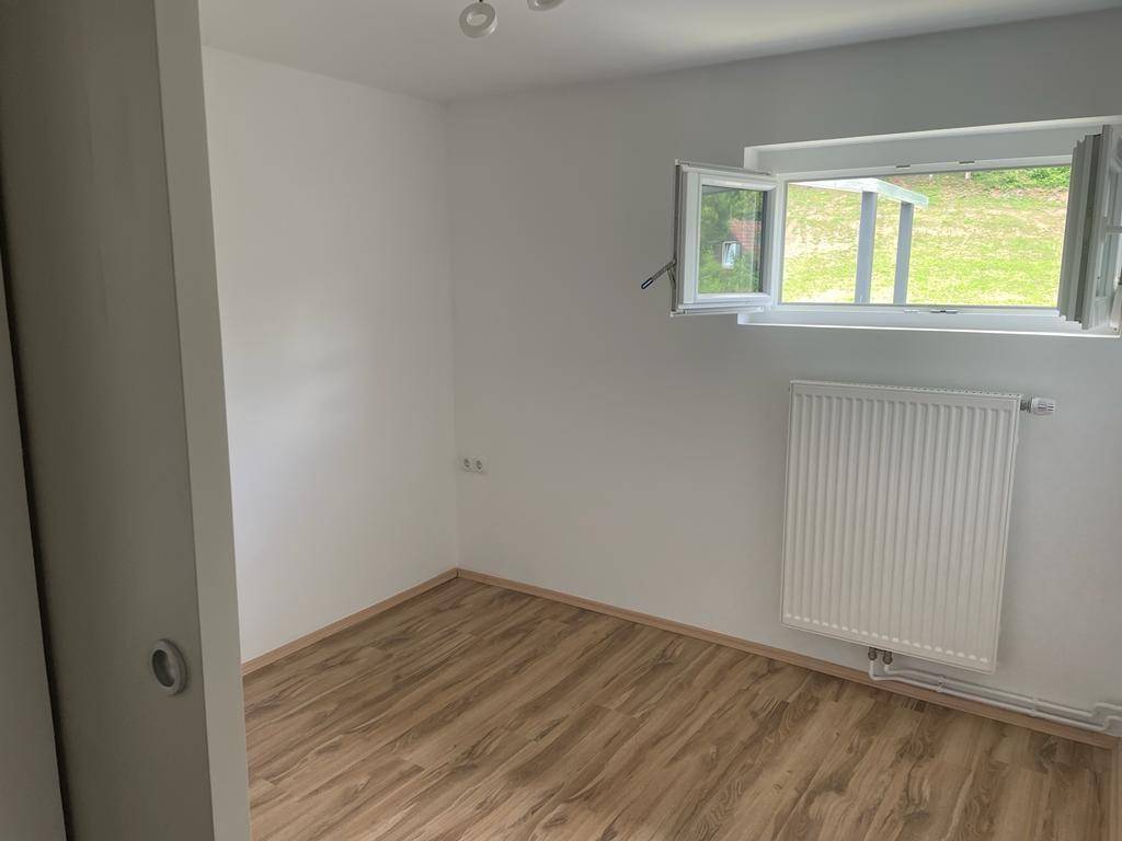 Helles, leeres Zimmer mit Laminatboden, Heizkörper und Fenster mit Blick ins Grüne.