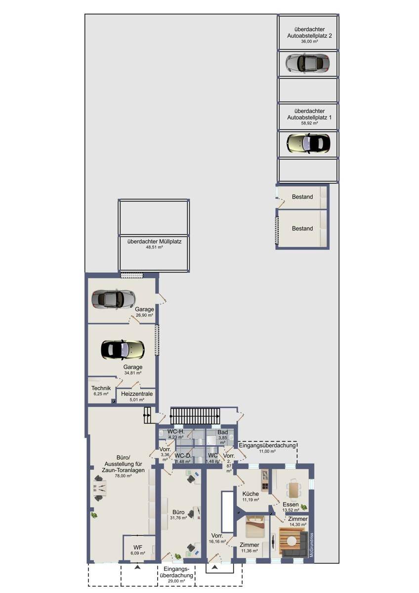 Grundriss des Erdgeschosses mit Büros, Technikräumen, Garagen und überdachten Stellplätzen.