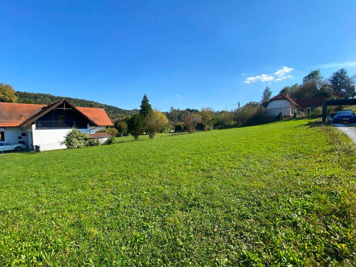 Weitläufige grüne Wiese mit einzelnen Häusern und bewaldeten Hügeln in der Ferne.