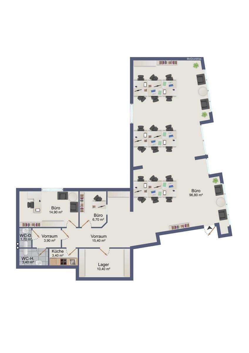 Grundriss eines Büros mit mehreren Arbeitsplätzen, separaten Büros, Küche und Toilettenbereichen.