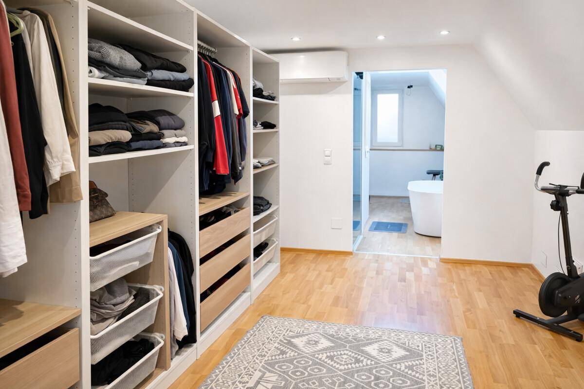 Geräumiger begehbarer Kleiderschrank mit viel Stauraum und Zugang zum Badezimmer.