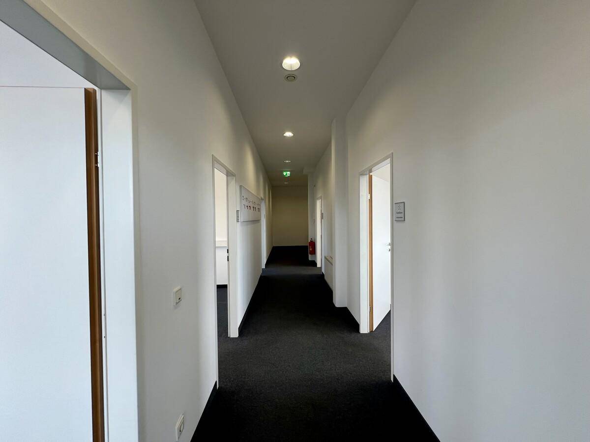 Langer, heller Flur mit mehreren Türen, die zu verschiedenen Büroräumen führen, und dunklem Teppichboden.