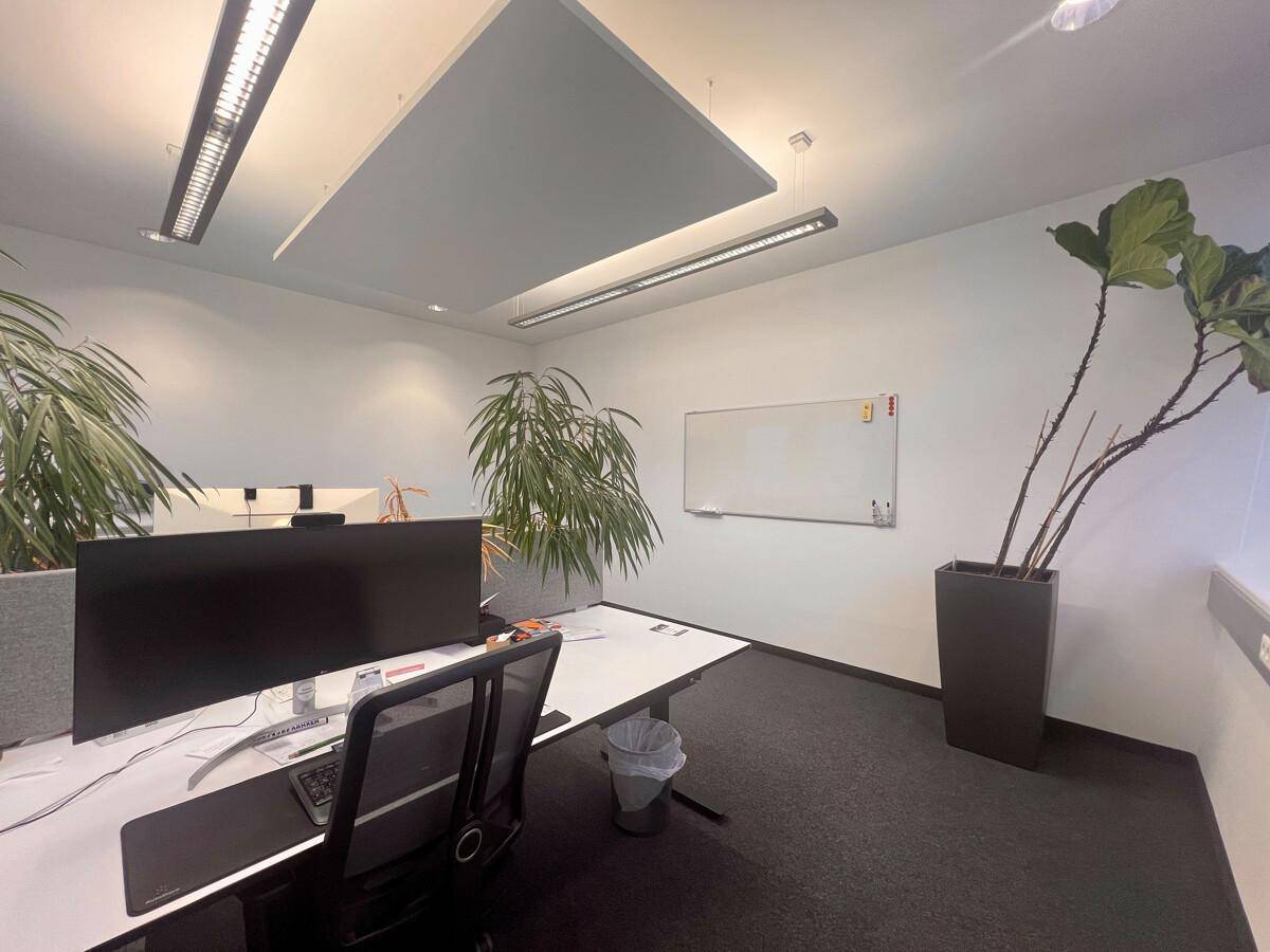 Moderner Büroraum mit einem Arbeitsplatz, Schreibtisch und ergonomischem Stuhl, umgeben von Pflanzen und einer weißen Tafel.