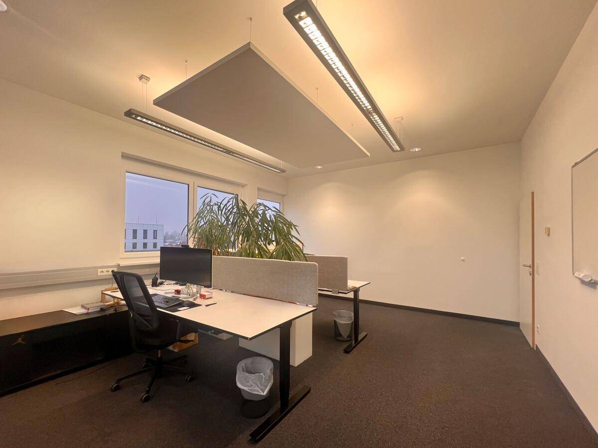 Heller Büroraum mit einem Arbeitsplatz, Schreibtisch und ergonomischem Stuhl, ergänzt durch Pflanzen und eine weiße Tafel.