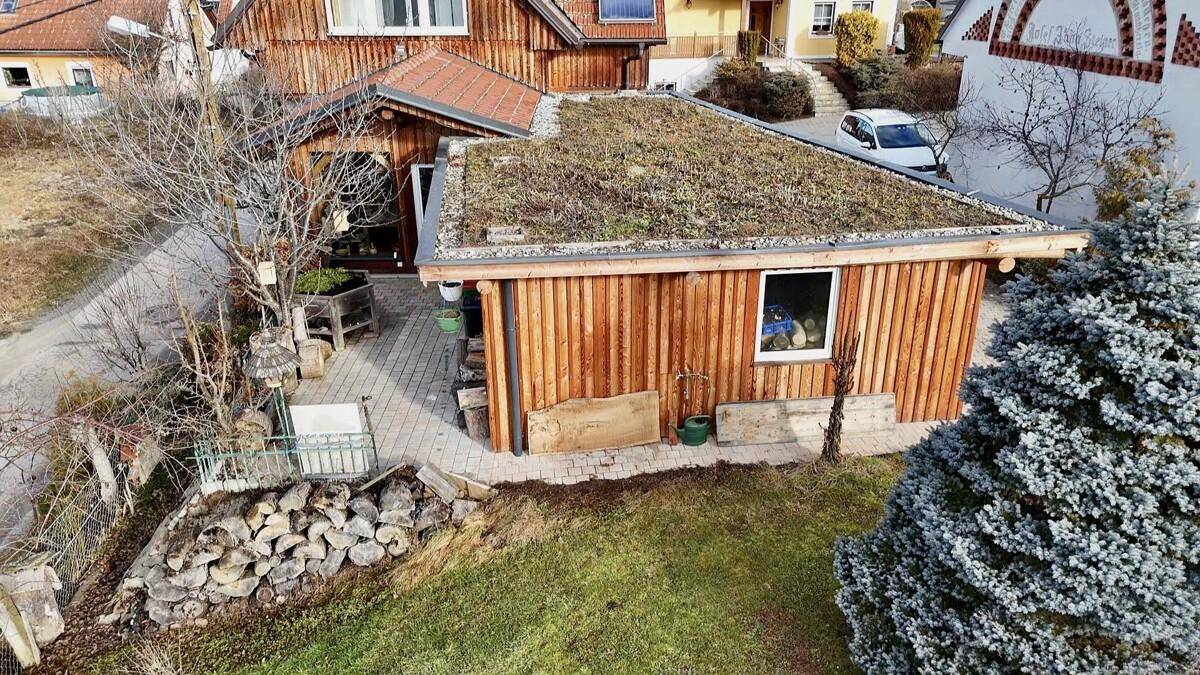 Gartenbereich mit begrüntem Anbau, Holzfassade und Nadelbaum in ländlicher Umgebung.