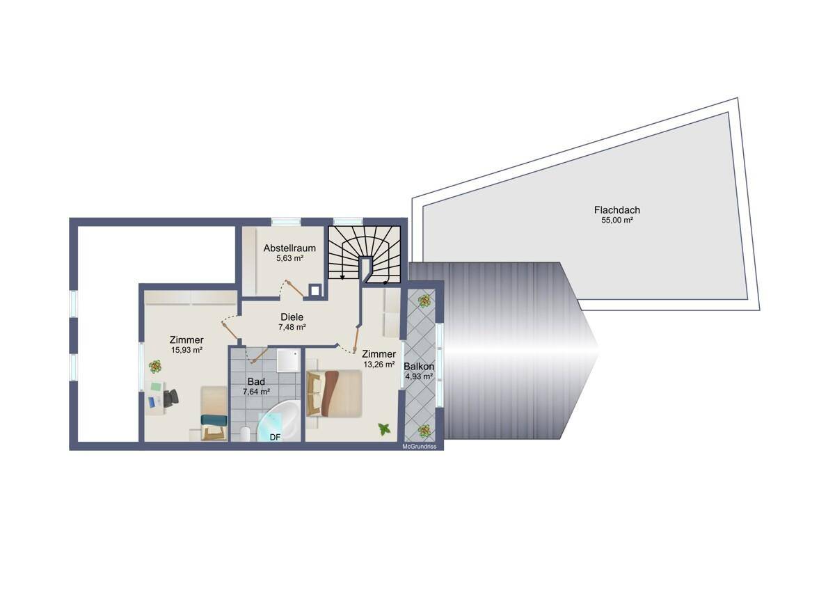 Grundriss des Obergeschosses mit zwei Zimmern, Bad und Balkon.