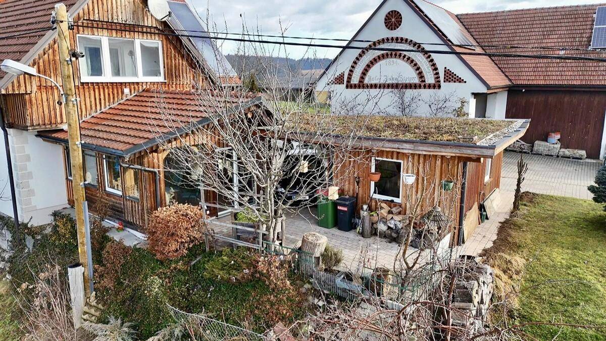 Gepflasterter Terrassenbereich mit begrüntem Dach und Holzverkleidung.