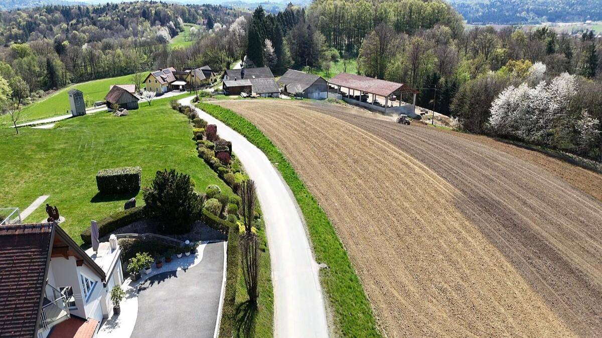 Panoramablick auf die ländliche Umgebung mit Feldern, Bäumen und einer Zufahrtsstraße.