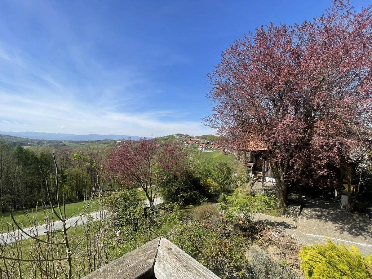 Gartenbereich mit blühenden Bäumen und weitem Blick über die ländliche Umgebung.