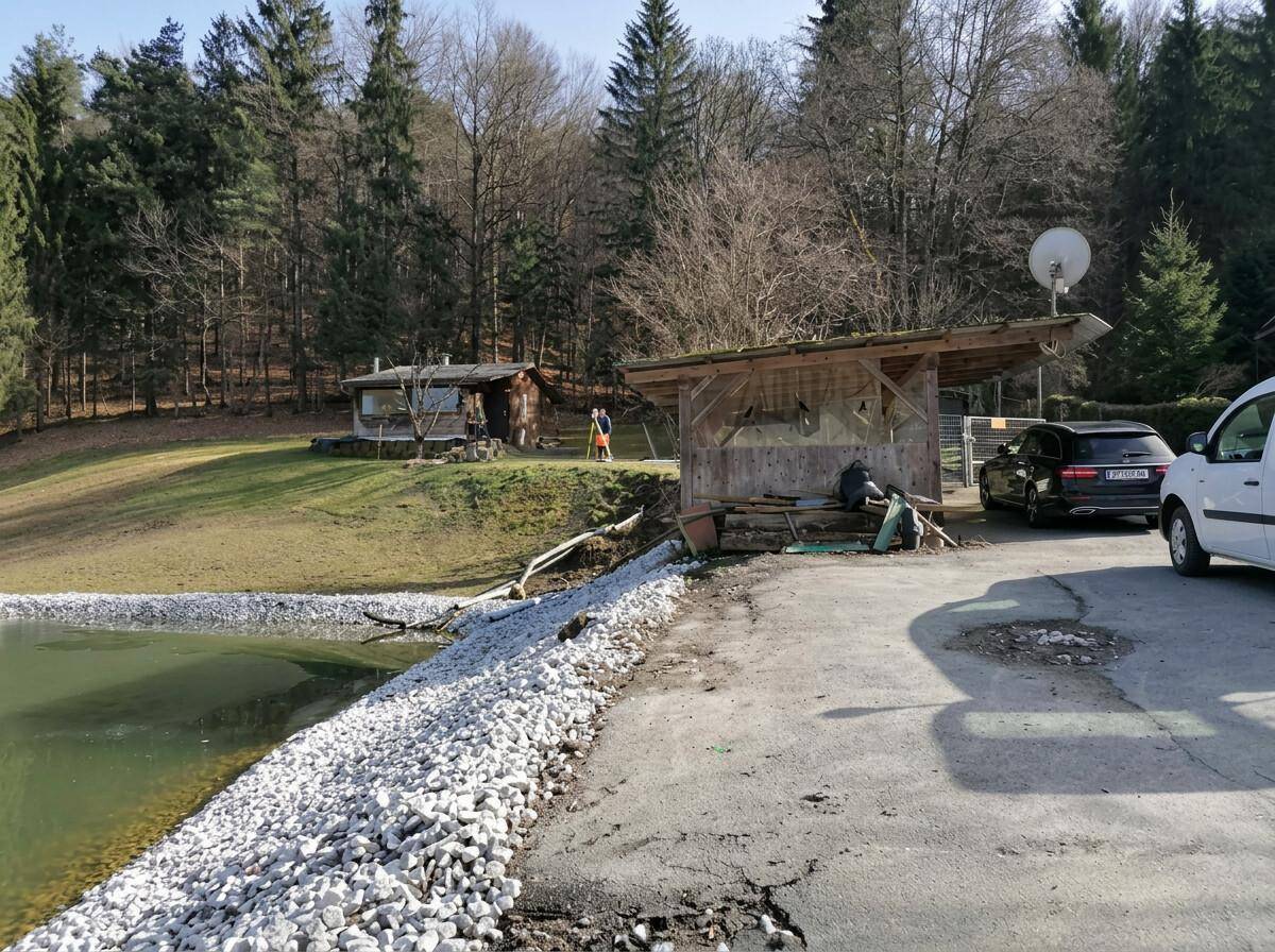 Holzhaus und Schuppen mit Parkplätzen neben einem Teich, umgeben von Wald und ländlicher Natur.