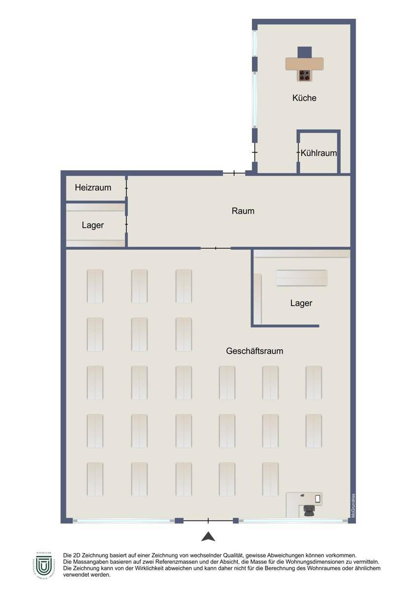 Grundriss des Erdgeschosses mit Geschäftsraum, Küche und Lagerräumen.
