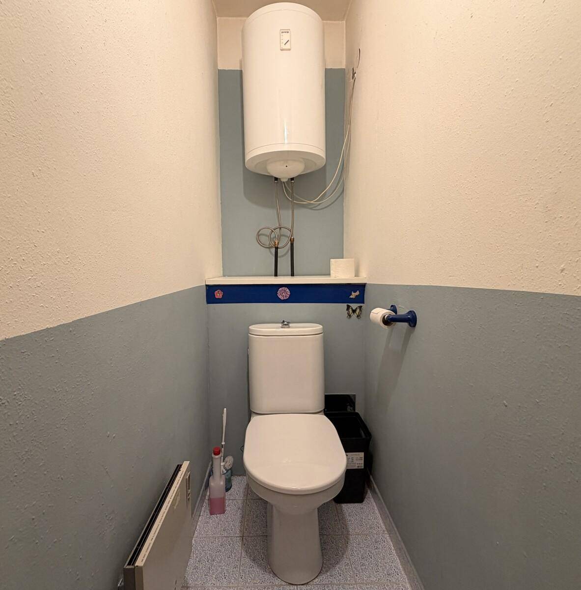 Separate Toilette mit WC, Boiler und blau-weißer Wandgestaltung.