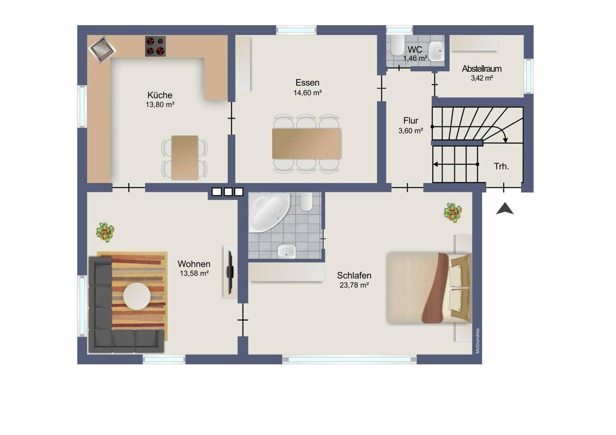 Grundriss einer Etage mit separater Küche, Essbereich, Wohnzimmer, Schlafzimmer und Gäste-WC.