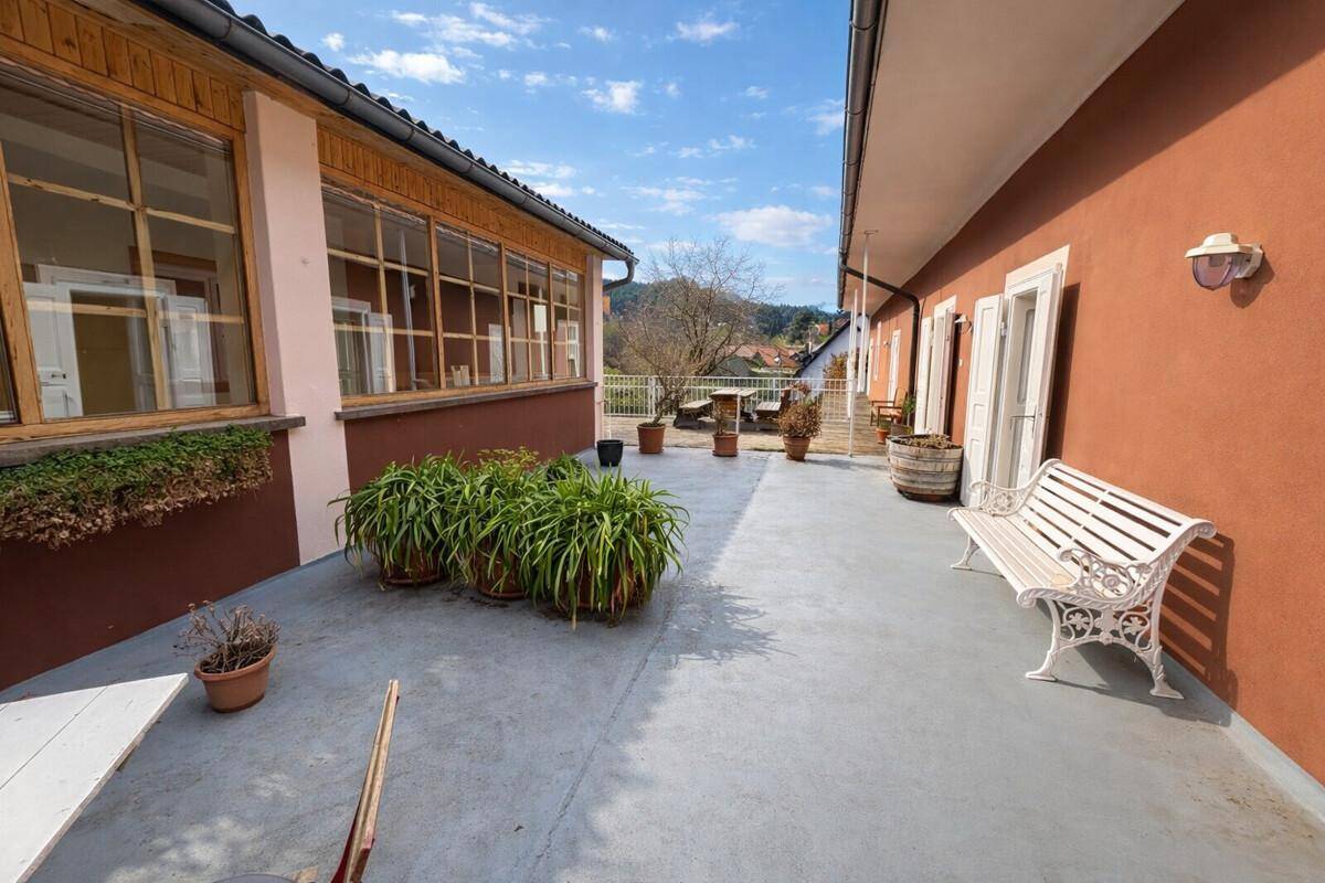 Helle Terrasse mit Topfpflanzen und einer weißen Gartenbank, ideal zum Entspannen im Freien.