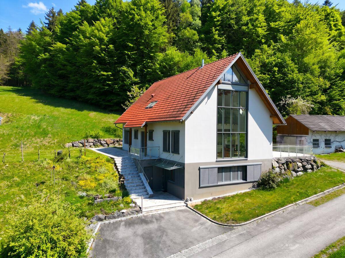 Freistehendes Einfamilienhaus mit moderner Architektur und großzügiger Terrasse, umgeben von Wald.