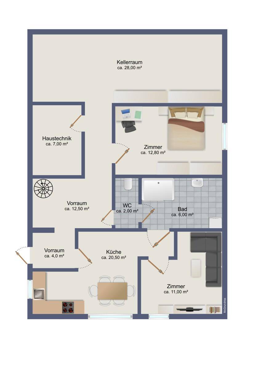 Grundriss mit separater Küche, Wohnzimmer, Schlafzimmer, Bad, WC, Kellerraum und Haustechnikbereich.