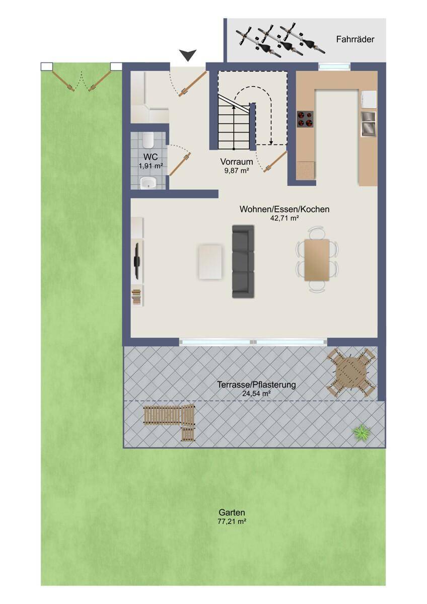 Grundriss des Erdgeschosses mit offenem Wohnbereich, Terrasse und Garten.