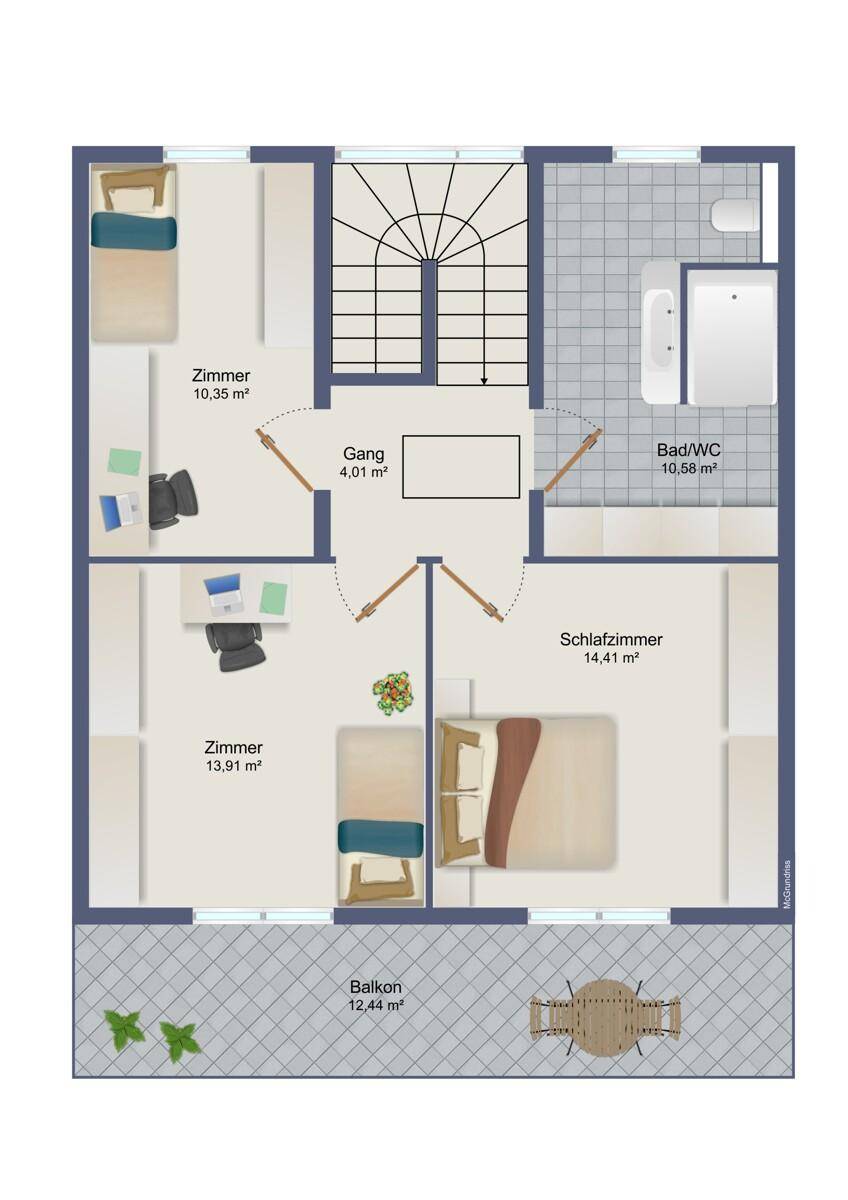 Grundriss des Obergeschosses mit drei Zimmern, Bad und großem Balkon.