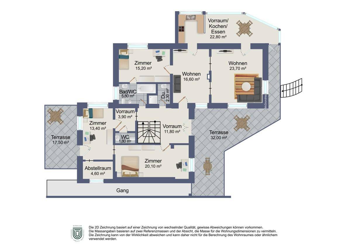 Grundriss einer Etage mit mehreren Zimmern, zwei Terrassen und einem kleinen Balkon.